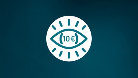 In einem weißen Kreis ein blaues stilisiertes Auge mit dem Schriftzug "10 €" als Pupille.